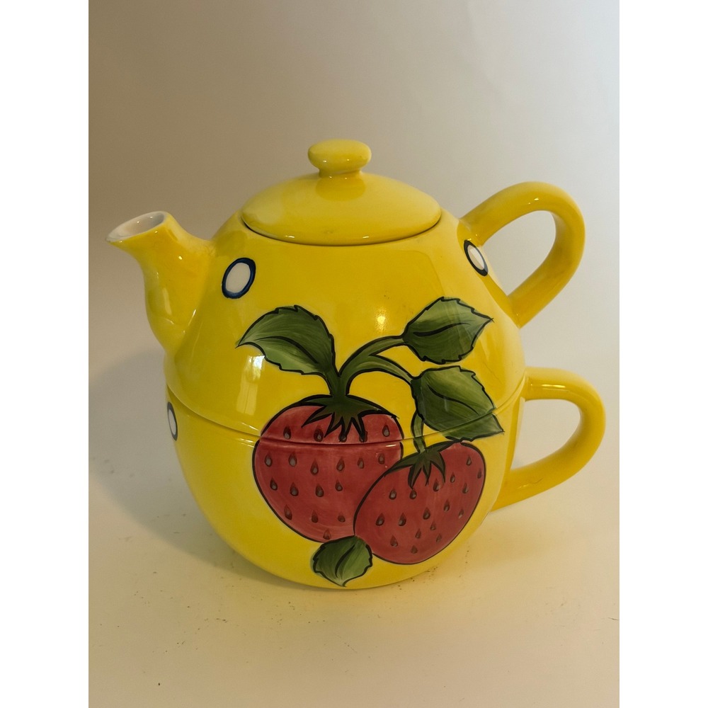 3 Piece Teapot Cup Yellow Strawberry Handpainted Stackable Cottagecore Country